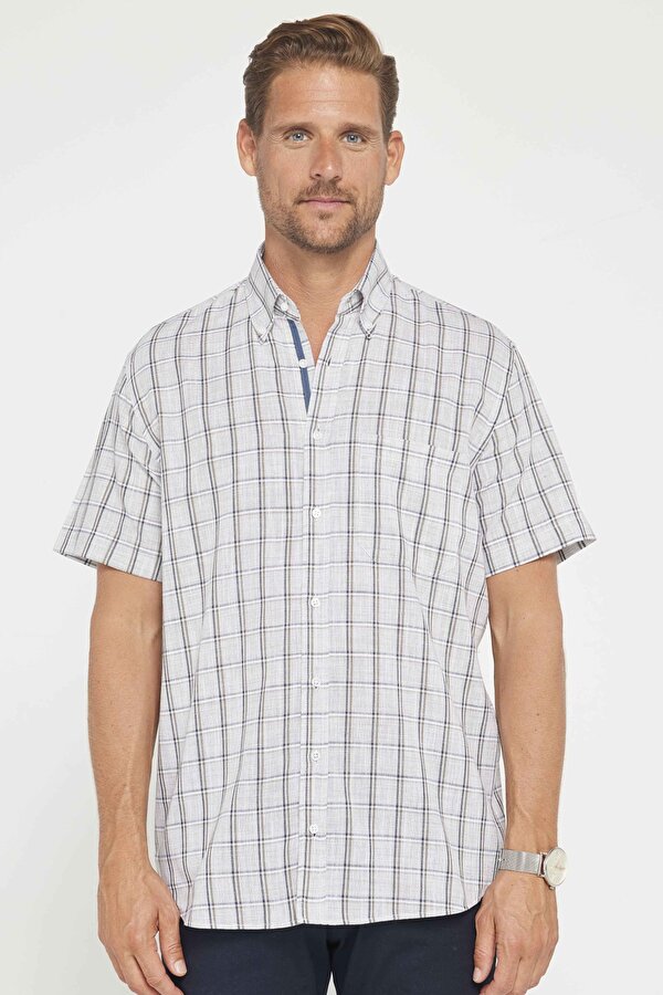 Tudors Erkek Klasik Fit Normal Kesim Kısa Kollu %100 Pamuk Keten Doku Tek Cepli Kareli Düğmeli Yaka Gömlek