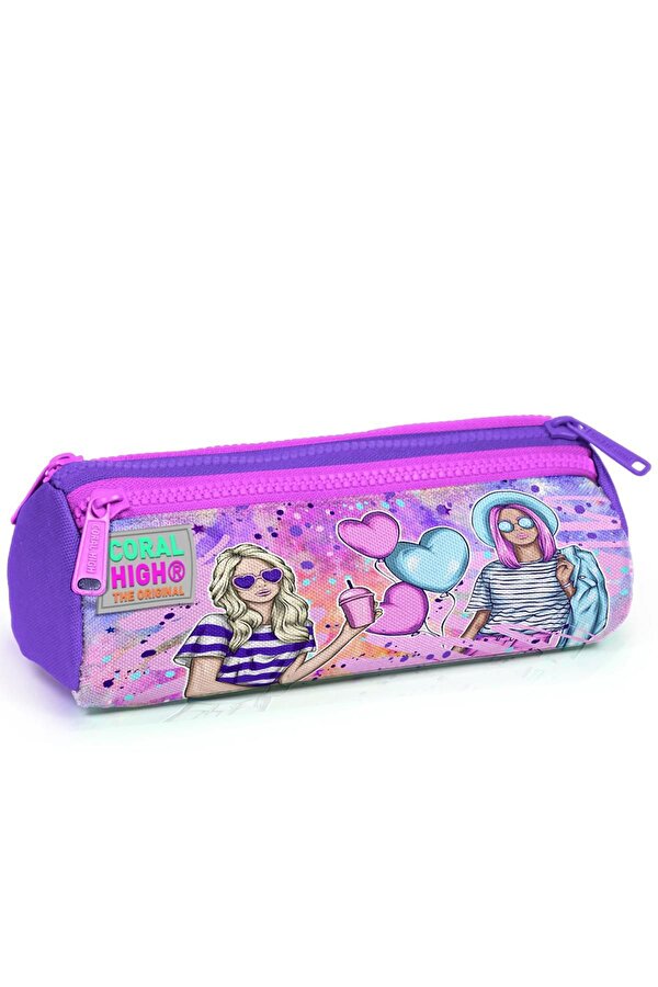Coral High Kids Pembe Mor Fashion Girl Desenli Üç Bölmeli Kalem Çantası 22055