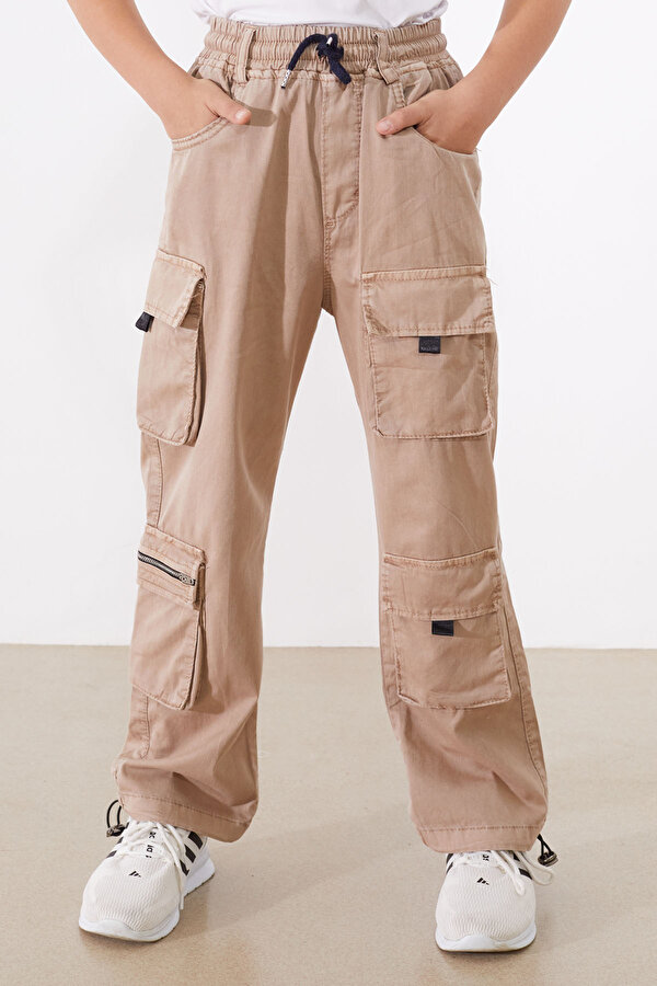 Cansın Mini Bej Kargo Cepli Paçası Lastikli Erkek Çocuk Jean Pantolon 18537
