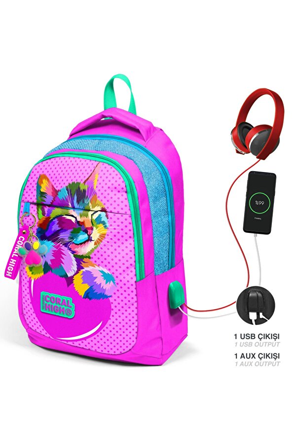 Coral High Kids Pembe Simli Kedi Desenli Üç Bölmeli Usb'li Okul Sırt Çantası 24301