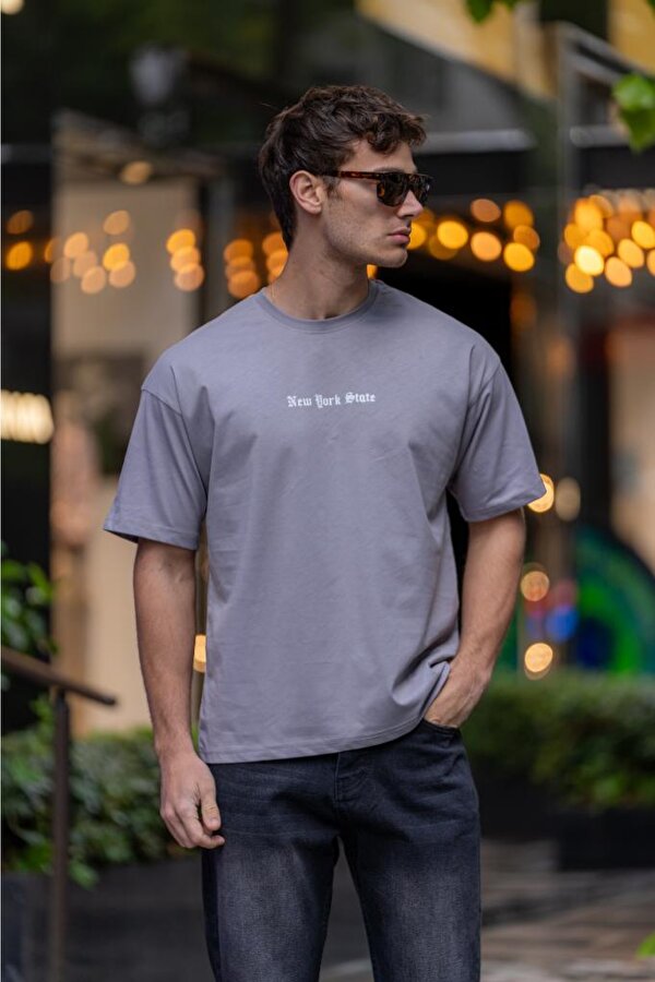 DECAS TONGS Oversize Bisiklet Yaka Pamuklu Tişört - Gri