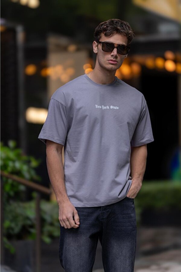 DECAS TONGS Oversize Bisiklet Yaka Pamuklu Tişört - Gri