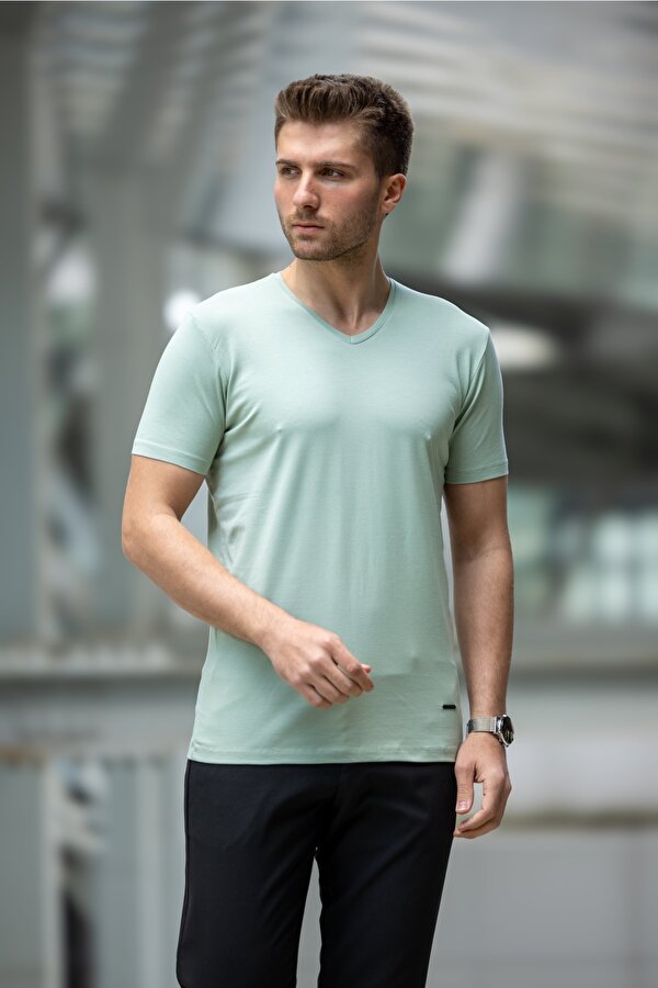 DECAS GABAGE Slim Fit V Yaka Pamuklu Tişört - Su Yeşili