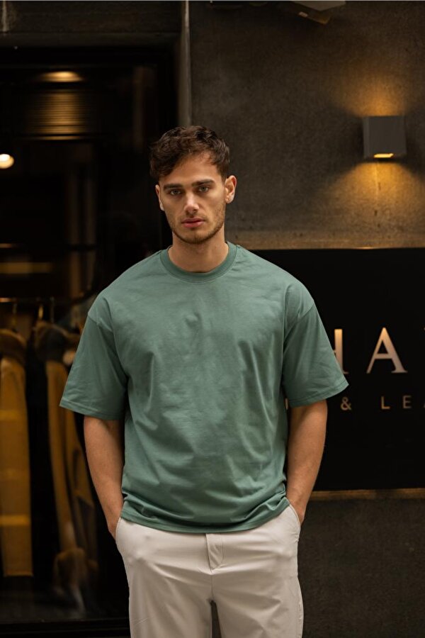 DECAS GRAVEL Oversize Bisiklet Yaka Pamuklu T-shirt - Su Yeşili