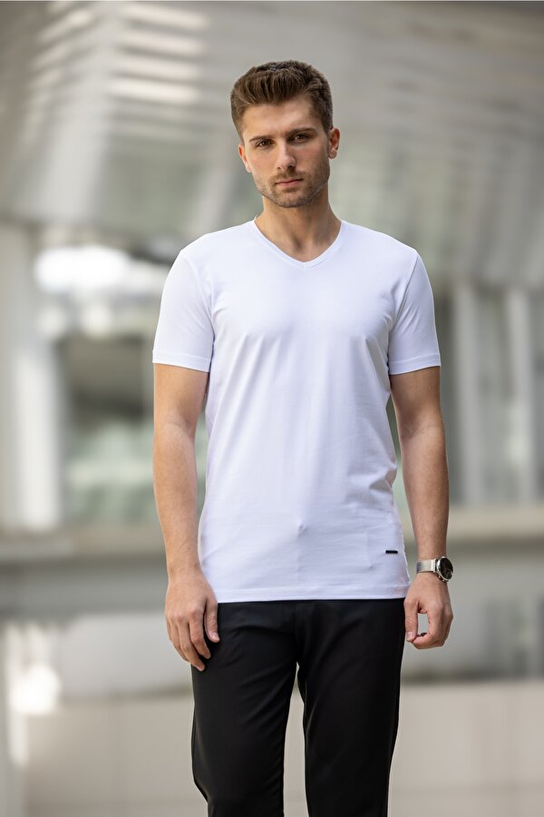 DECAS GABAGE Slim Fit V Yaka Pamuklu Tişört - Beyaz
