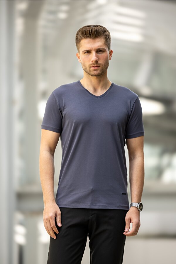 DECAS GABAGE Slim Fit V Yaka Pamuklu Tişört - Gri
