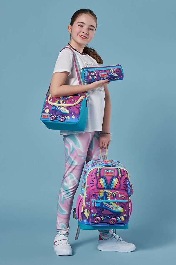 Coral High Kids Pembe Turkuaz Kulaklık Paten Desenli 3’lü Okul Çanta Seti SET0123754