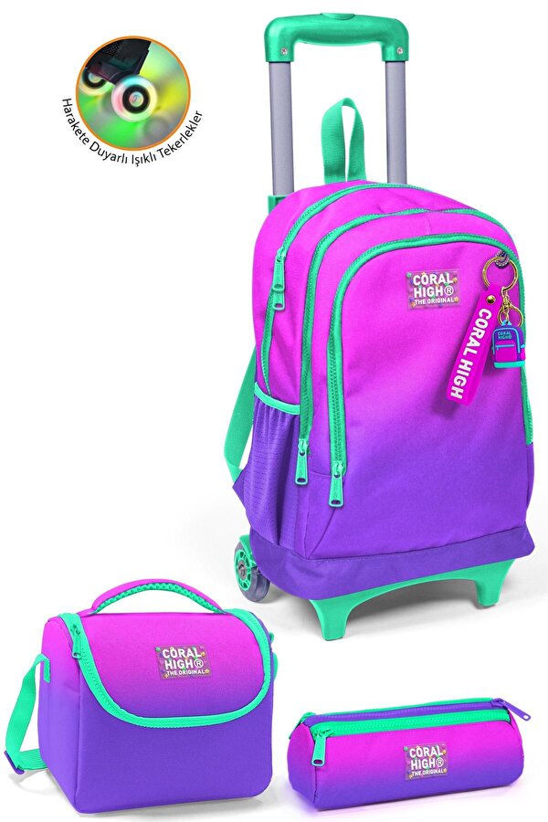 Coral High Kids Pembe Mor Renk Geçişli Üç Bölmeli Çekçekli 3'lü Çanta Seti SET0123962