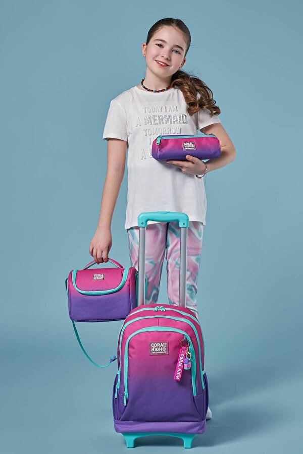 Coral High Kids Pembe Mor Renk Geçişli Üç Bölmeli Çekçekli 3'lü Çanta Seti SET0123962