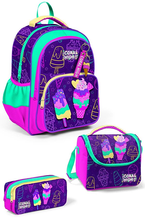 Coral High Kids Mor Pembe Dondurma Desenli 3’lü Okul Çanta Seti SET0123655