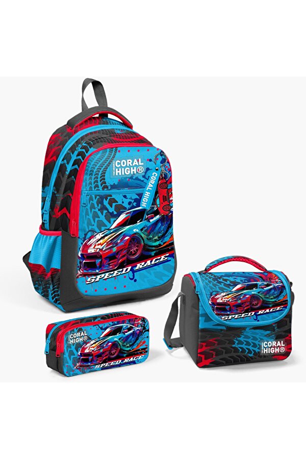Coral High Kids Gri Mavi Yarış Arabası Desenli 3’lü Okul Çanta Seti SET0123652