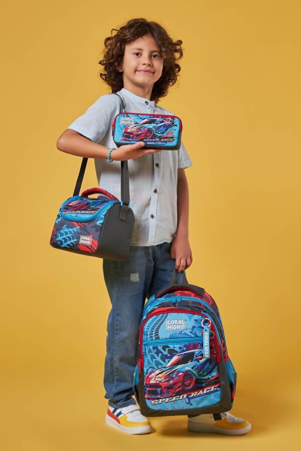 Coral High Kids Gri Mavi Yarış Arabası Desenli 3’lü Okul Çanta Seti SET0123652