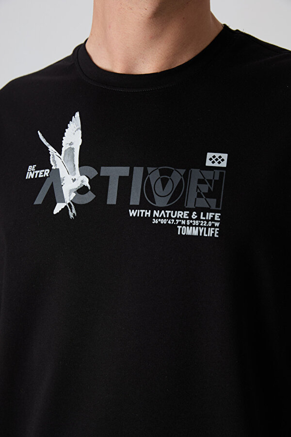 TOMMYLIFE Siyah Pamuklu Kalın Yumuşak Dokulu Oversize Fit Baskılı Erkek T-Shirt - 88344