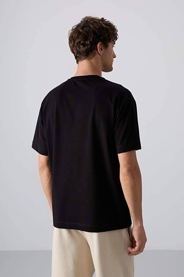 TOMMYLIFE Siyah Pamuklu Kalın Yumuşak Dokulu Oversize Fit Baskılı Erkek T-Shirt - 88344