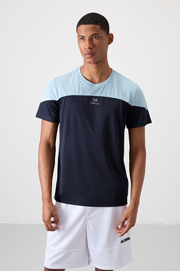 TOMMYLIFE Lacivert Polyester Nefes Alan Dokulu İnce Esnek Standart Fit Erkek Performans T-Shirt - 88386