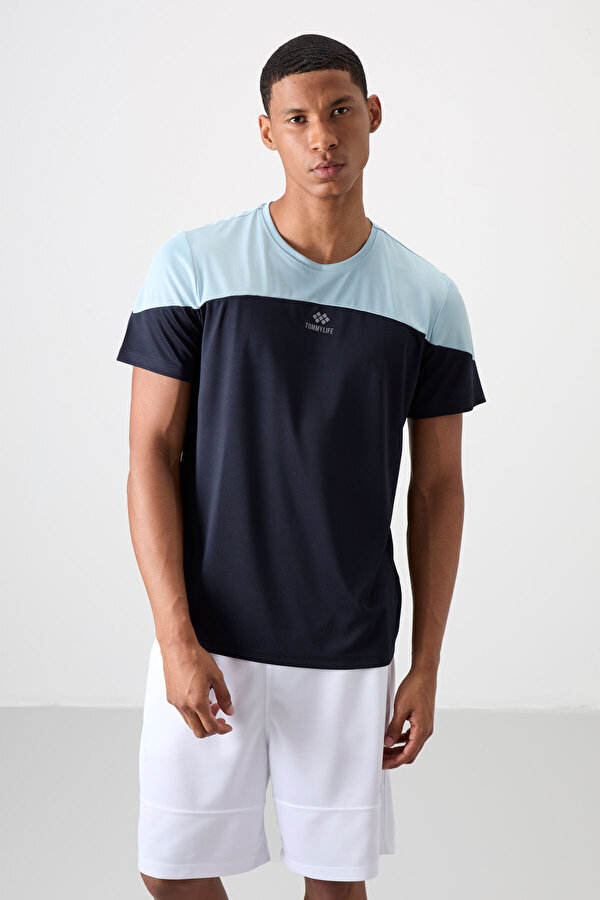 TOMMYLIFE Lacivert Polyester Nefes Alan Dokulu İnce Esnek Standart Fit Erkek Performans T-Shirt - 88386