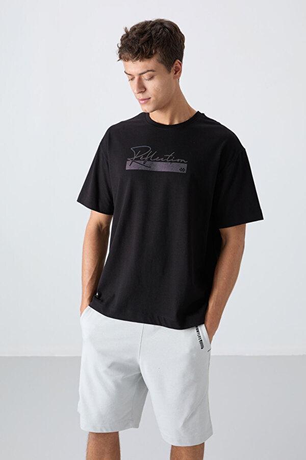 TOMMYLIFE Siyah Pamuklu Kalın Yumuşak Dokulu Oversize Fit Baskılı Erkek T-Shirt - 88334