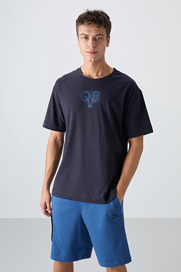 TOMMYLIFE Lacivert Pamuklu Kalın Yumuşak Dokulu Oversize Fit Baskılı Erkek T-Shirt - 88333