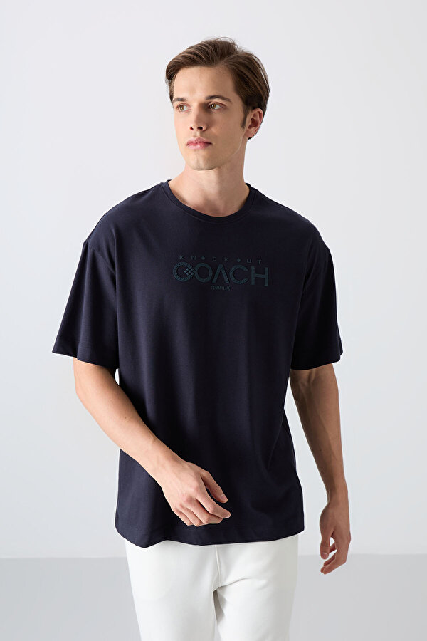 TOMMYLIFE Lacivert Pamuklu Kalın Yumuşak Dokulu Oversize Fit Baskılı Erkek T-Shirt - 88329