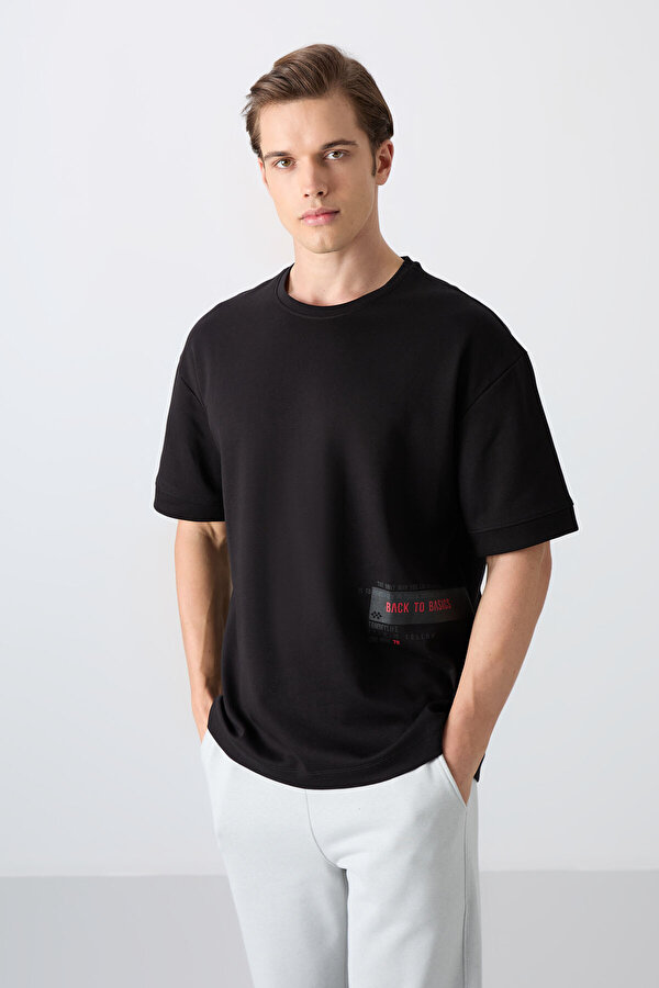 TOMMYLIFE Siyah Pamuklu Kalın Yumuşak Dokulu Oversize Fit Baskılı Erkek T-Shirt - 88322