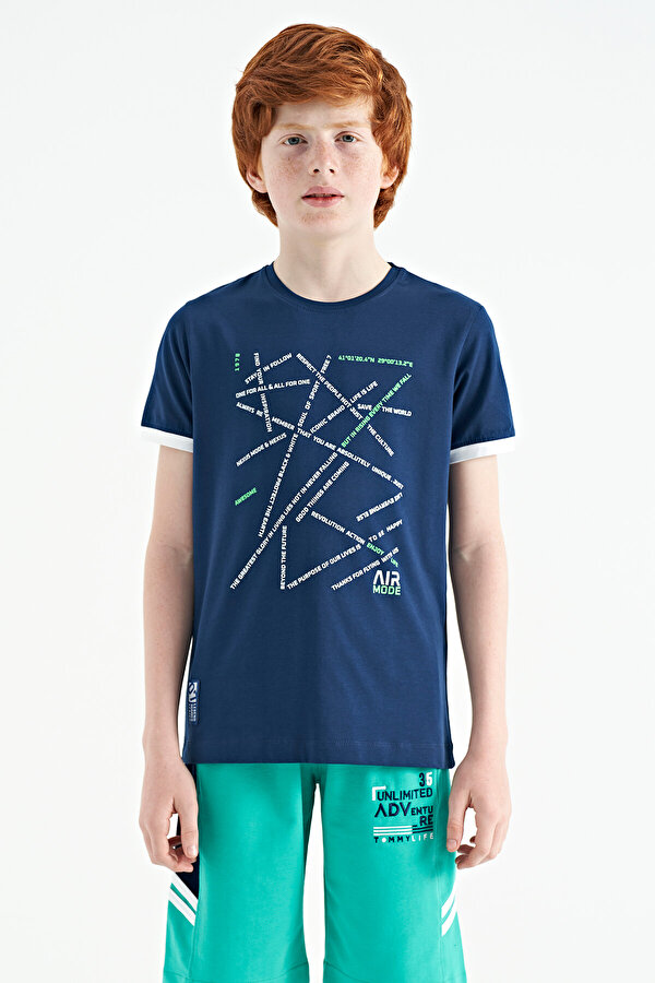 TOMMYLIFE İndigo Minimal Yazı Baskılı Standart Kalıp O Yaka Erkek Çocuk T-Shirt - 11132