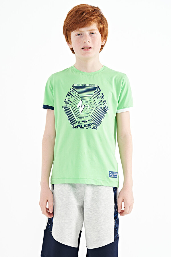 TOMMYLIFE Neon Yeşil Kol Ucu Renkli Detaylı Baskılı Standart Kalıp Erkek Çocuk T-Shirt - 11156