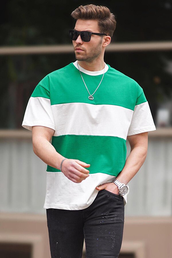 Madmext Yeşil Oversize Renk Bloklu Bisiklet Yaka Tişört 7020