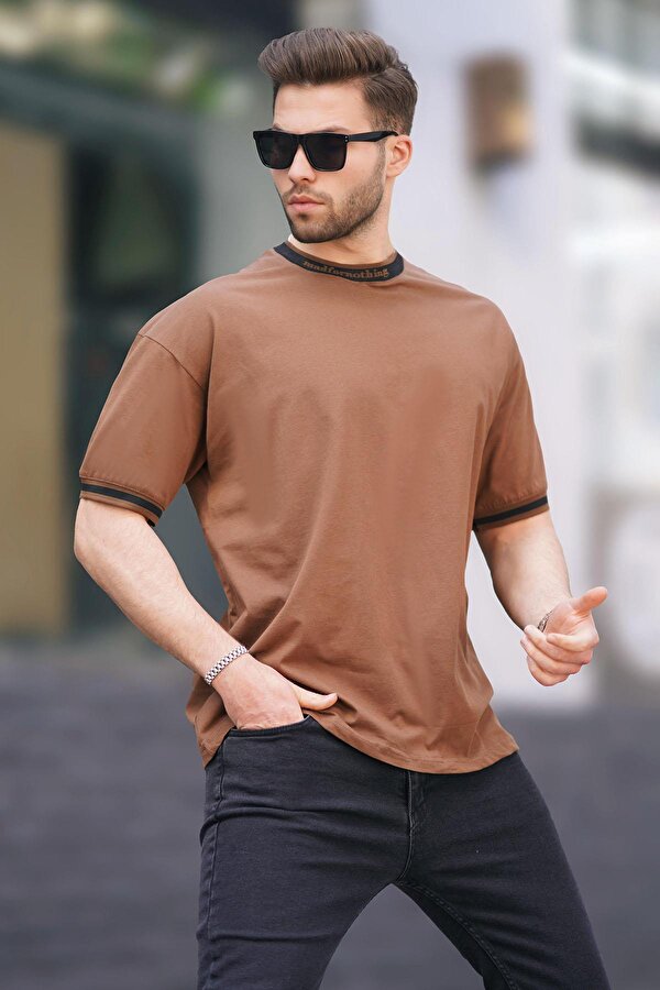 Madmext Kahverengi Bisiklet Yaka ŞeritliTişört 7022