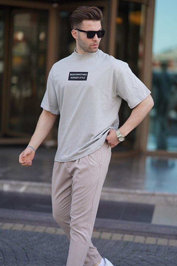 Madmext Boyalı Gri Yalancı Dik Yaka Oversize Erkek Tişört 7005