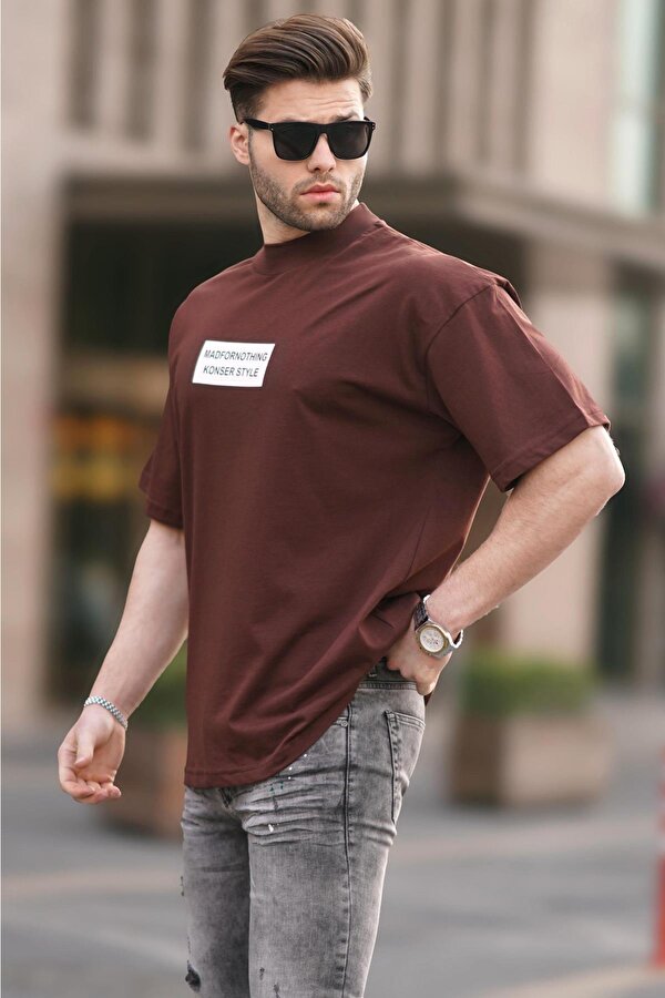 Madmext Kahverengi Yalancı Dik Yaka Oversize Erkek Tişört 7005