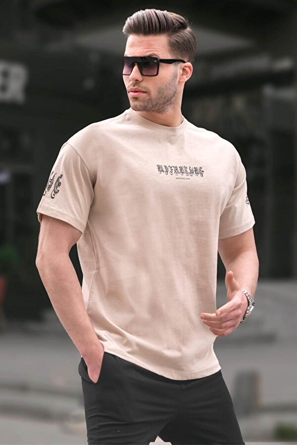 Madmext Bej Bisiklet Yaka Erkek Tişört 6112