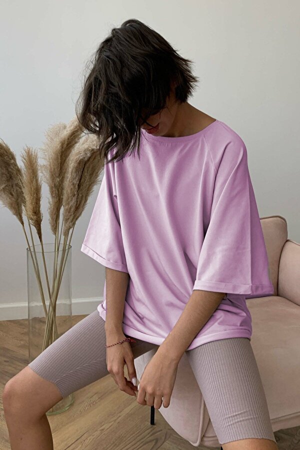 Madmext Açık Lila Oversize Basic Kadın Tişört