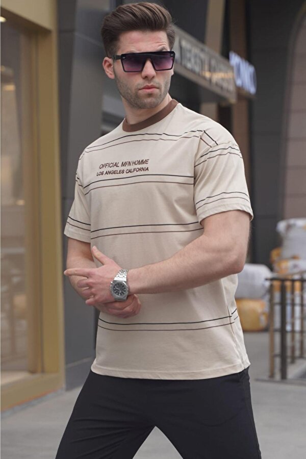 Madmext Bisiklet Yaka Bej Çizgili Rahat Kalıp Erkek Tişört 6063