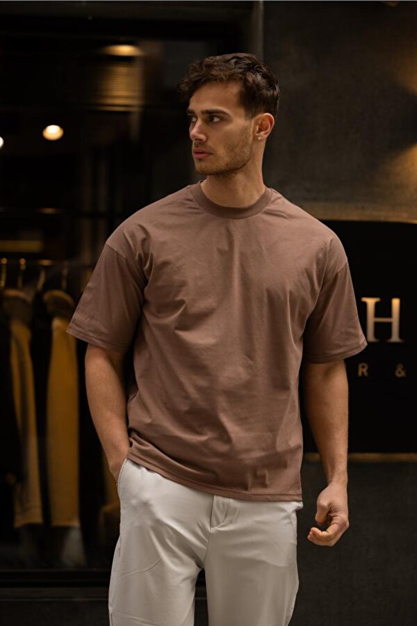 DECAS GRAVEL Oversize Bisiklet Yaka Pamuklu T-shirt - Kahve