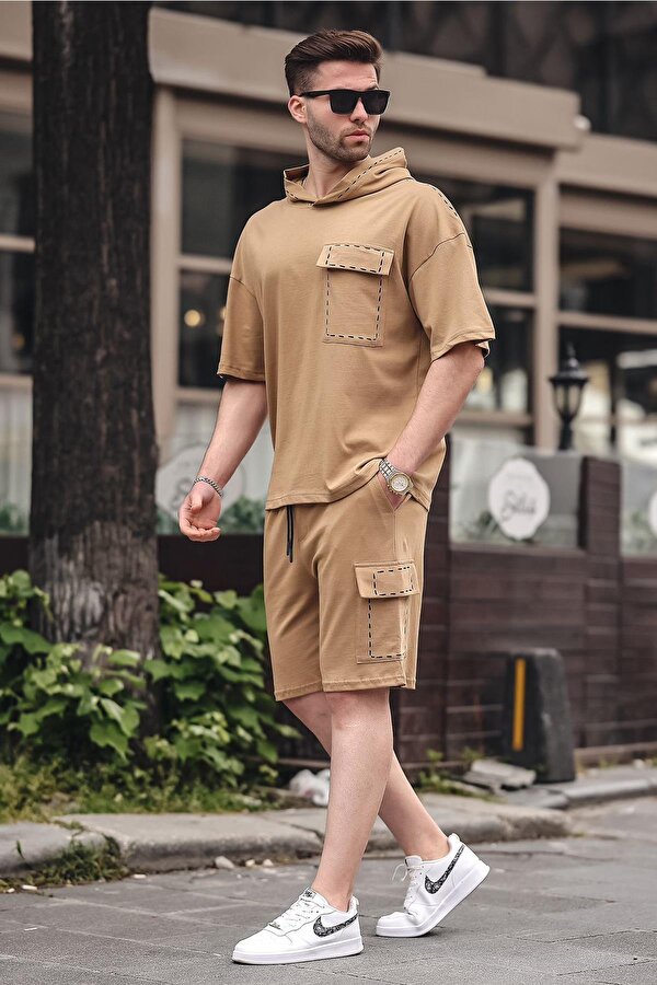 Madmext Kapuçino Cep Detaylı Kapüşonlu Şort Takım 5941