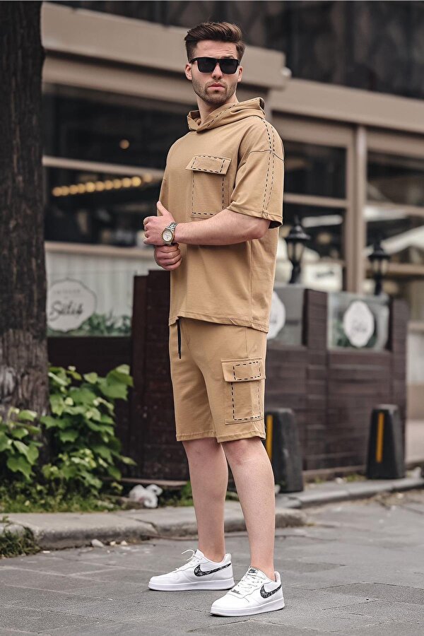 Madmext Kapuçino Cep Detaylı Kapüşonlu Şort Takım 5941