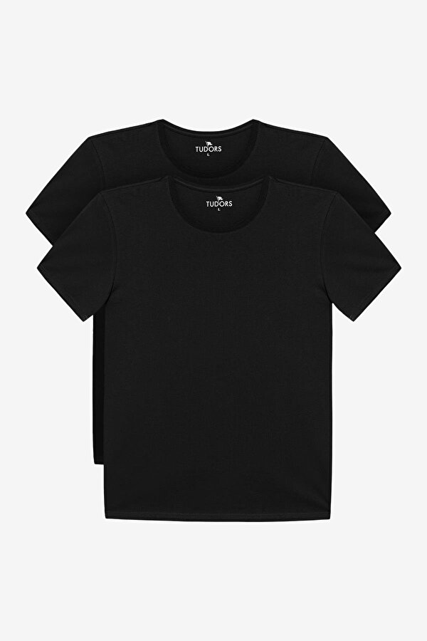 Tudors Unisex 2'li Paket Siyah Slim Fit Dar Kesim %100 Pamuk Bisiklet Yaka Tişört