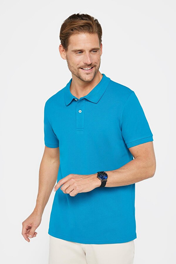 Tudors Erkek Slim Fit Dar Kesim %100 Pamuk Düz Pike Mavi Polo Yaka Tişört