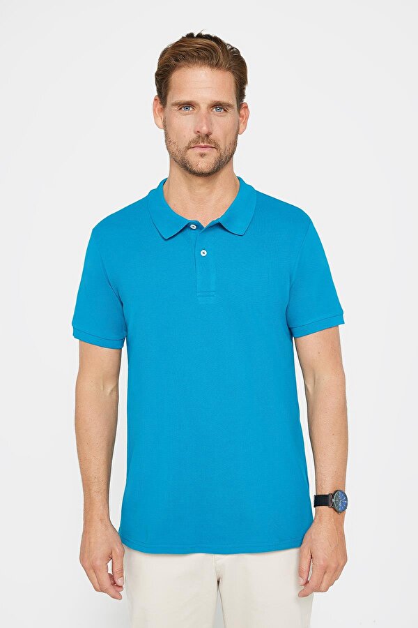 Tudors Erkek Slim Fit Dar Kesim %100 Pamuk Düz Pike Mavi Polo Yaka Tişört