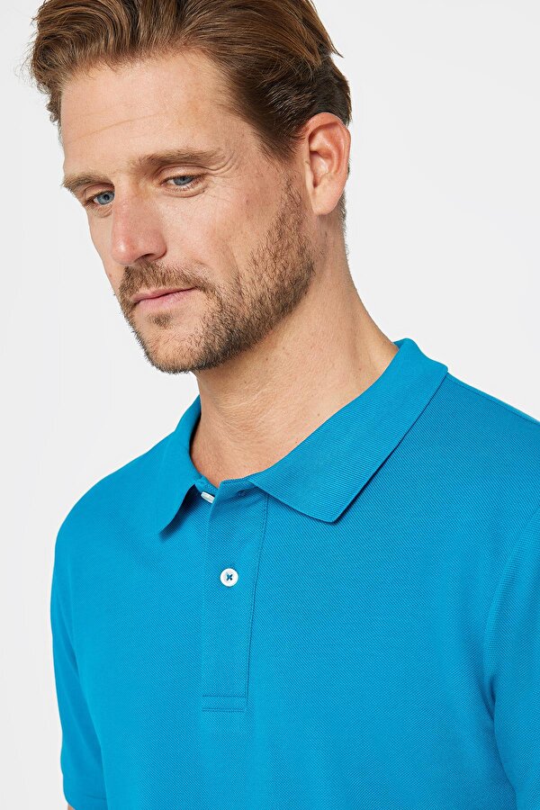 Tudors Erkek Slim Fit Dar Kesim %100 Pamuk Düz Pike Mavi Polo Yaka Tişört