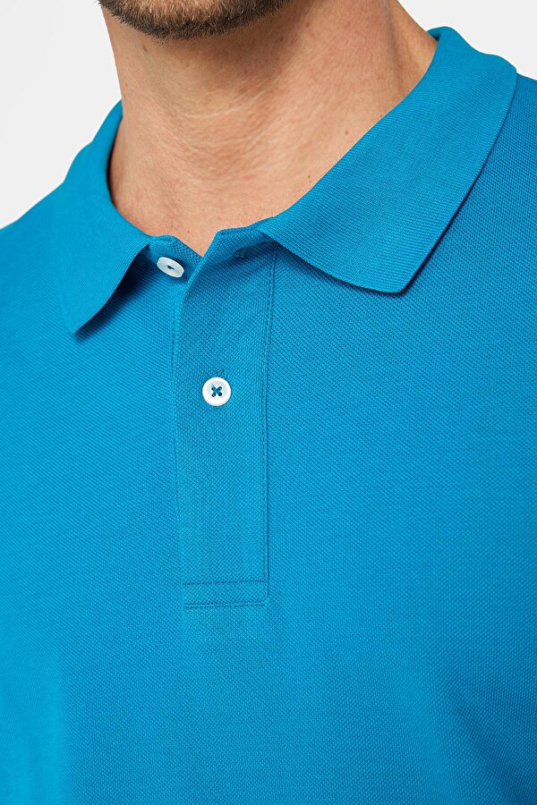 Tudors Erkek Slim Fit Dar Kesim %100 Pamuk Düz Pike Mavi Polo Yaka Tişört
