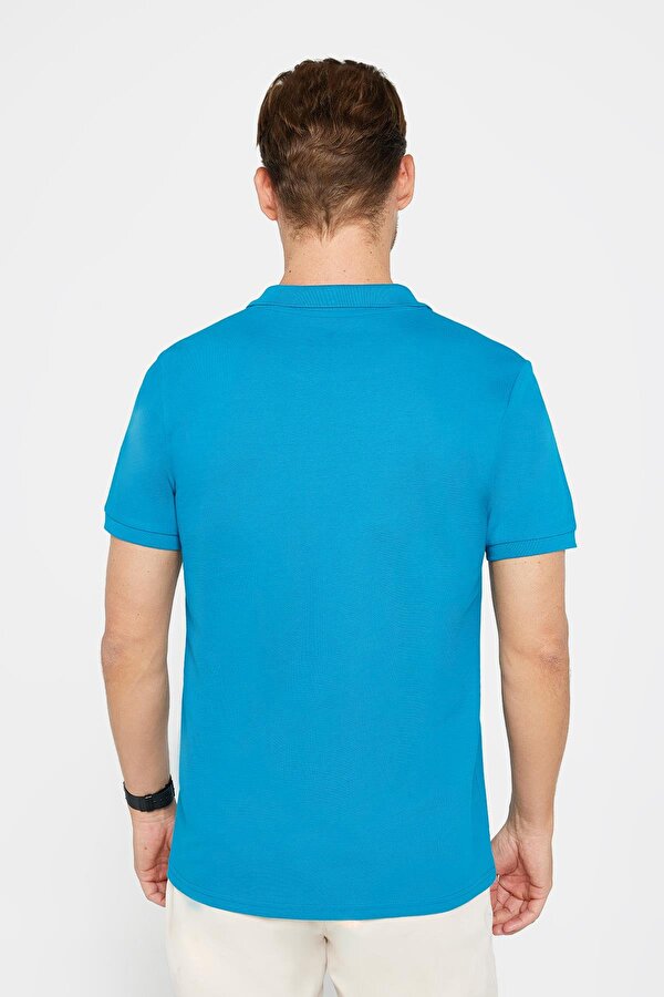 Tudors Erkek Slim Fit Dar Kesim %100 Pamuk Düz Pike Mavi Polo Yaka Tişört