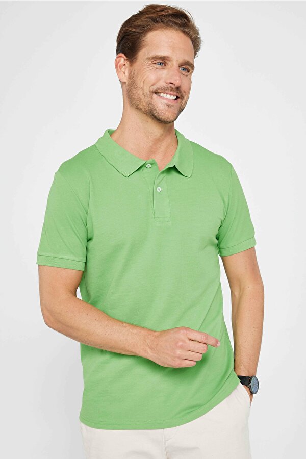Tudors Erkek Slim Fit Dar Kesim %100 Pamuk Düz Pike Yeşil Polo Yaka Tişört