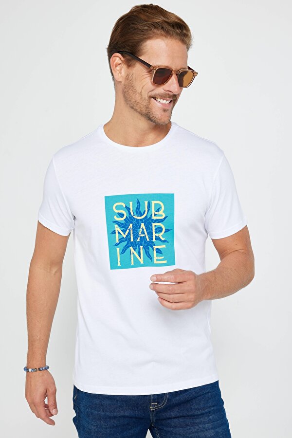 Tudors Erkek Slim Fit Dar Kesim %100 Pamuk Yumuşak Dokulu Baskılı Beyaz Bisiklet Yaka Tişört