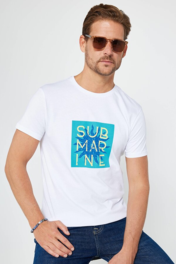 Tudors Erkek Slim Fit Dar Kesim %100 Pamuk Yumuşak Dokulu Baskılı Beyaz Bisiklet Yaka Tişört