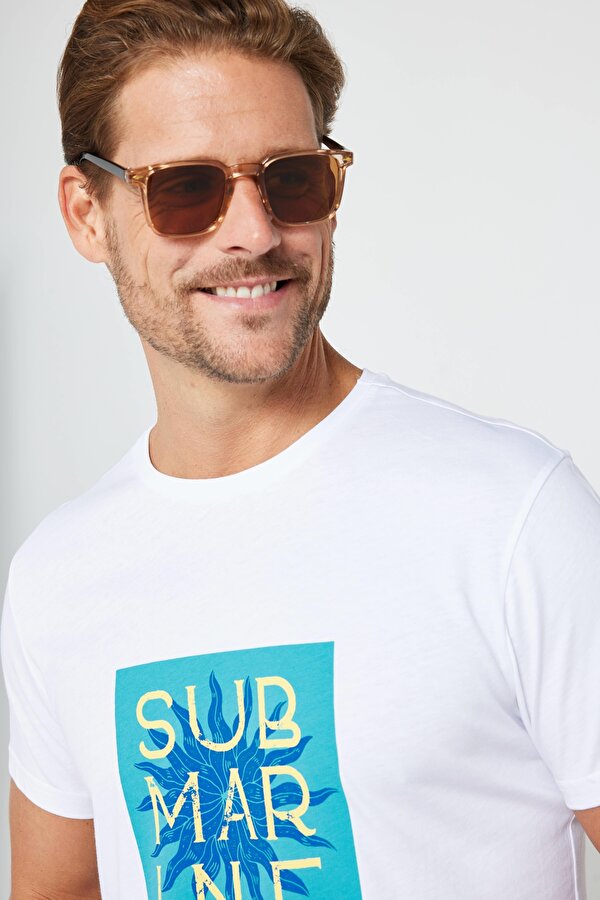 Tudors Erkek Slim Fit Dar Kesim %100 Pamuk Yumuşak Dokulu Baskılı Beyaz Bisiklet Yaka Tişört