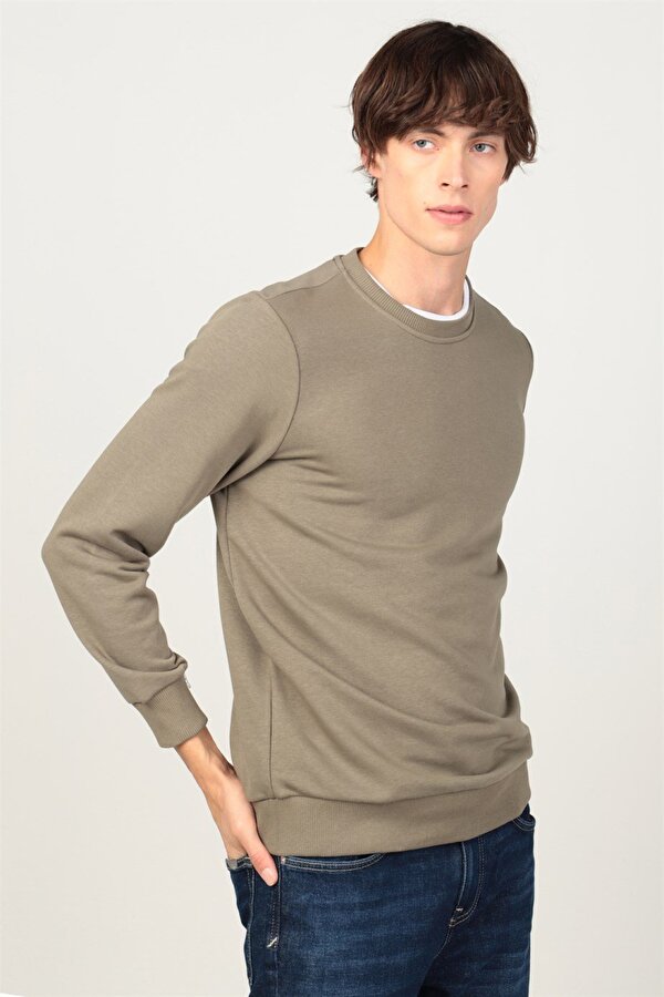 Tudors Unisex Relax Fit Rahat Kesim Pamuklu Yumuşak Dokulu İçi Polarlı Basic Yeşil Bisiklet Yaka Sweatshirt