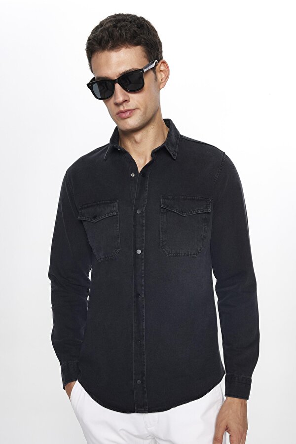 Tudors Erkek Slim Fit Dar Kesim Uzun Kollu Denim Çift Cep Çıtçıtlı Siyah Gömlek