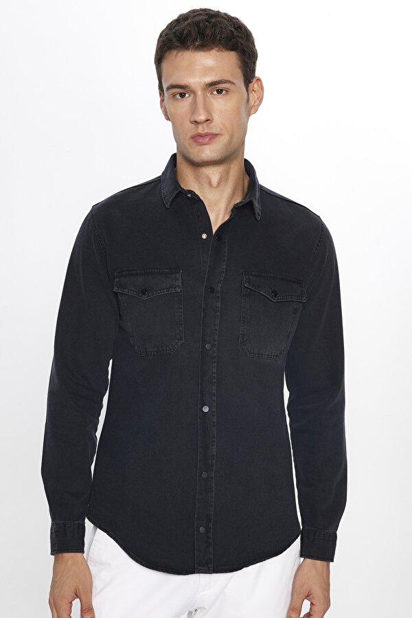 Tudors Erkek Slim Fit Dar Kesim Uzun Kollu Denim Çift Cep Çıtçıtlı Siyah Gömlek