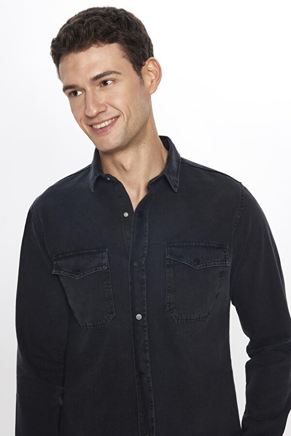 Tudors Erkek Slim Fit Dar Kesim Uzun Kollu Denim Çift Cep Çıtçıtlı Siyah Gömlek